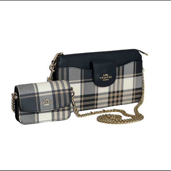 Coach Womens Crossbody Bag With Pouch Coin Bag Chain Strap Poppy Plaid Leather - Picture 2 of 15